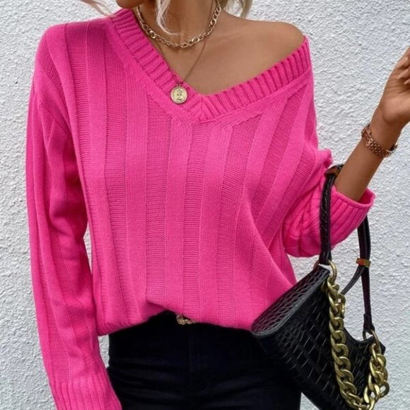 V-Neck Pullover Long sleeved knit Sweater top spring fall PINK - Picture 5 of 6